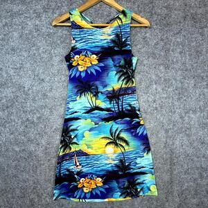 Vintage Jananas Hawaiian Dress Womens Medium Blue Sunset Tropical Tie Back